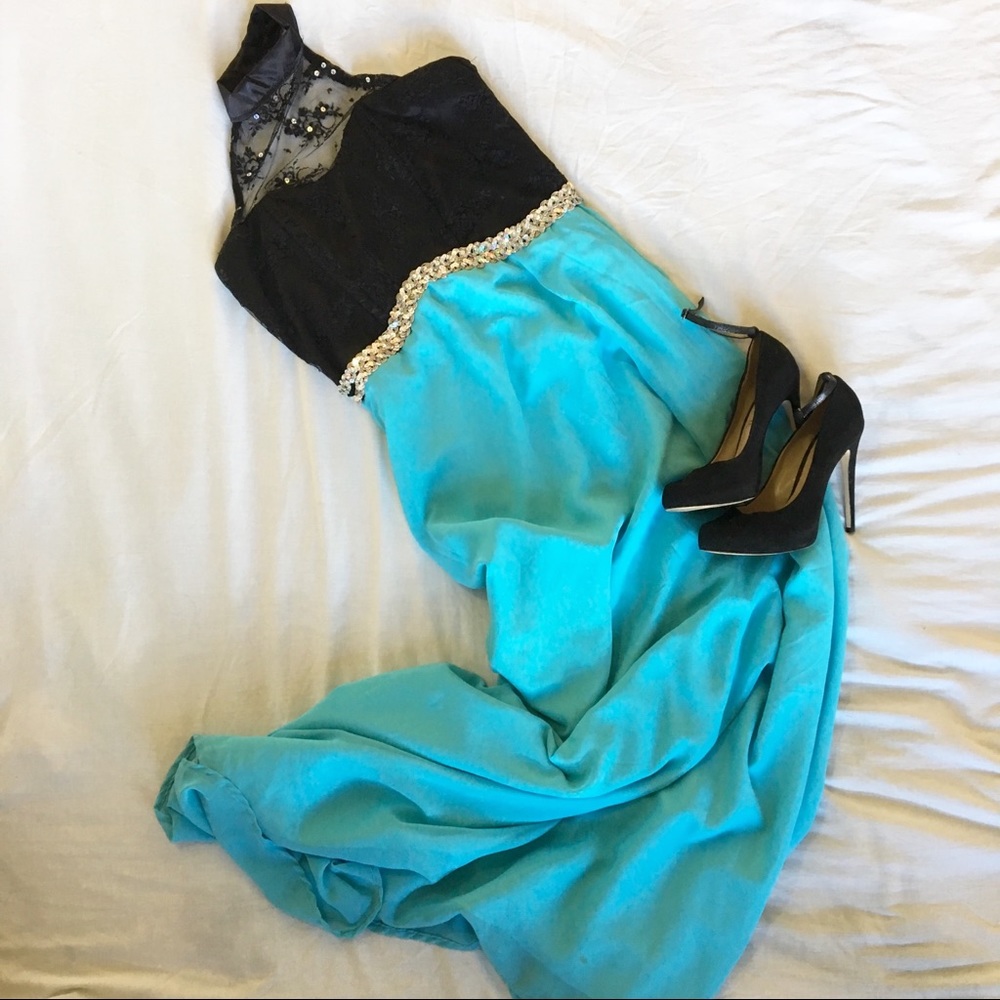 ✨Cute Lace Turtle Neck Baby Blue Prom Dress✨